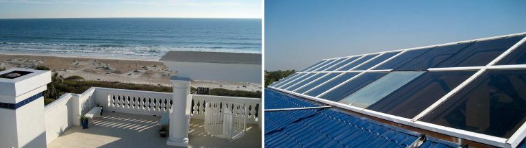 An image of the beach and an image of a skylight from the roof.