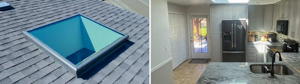 An image of a skylight on a roof with an image of the skylight in the room.