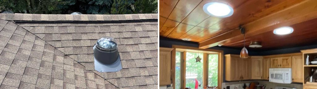 An image of a Sun Tunnel on the roof and an image of the Sun Tunnel from the room.