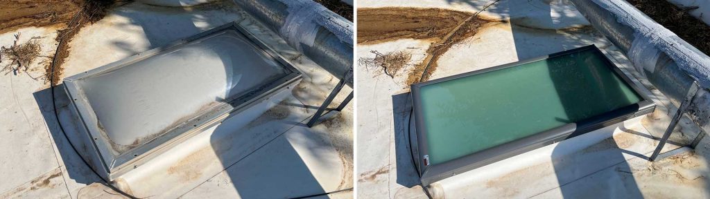 An image of the problem skylight and an image of the new skylight replacement.