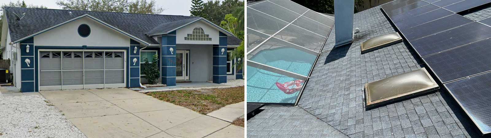 An streetview image of the home and an image of two acrylic dome skylights on the roof.