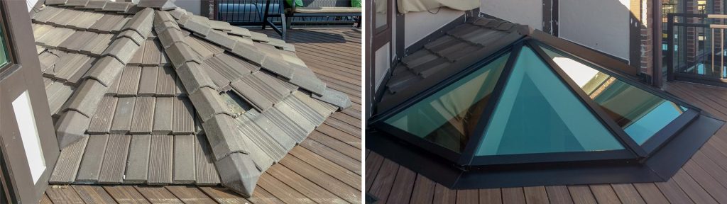 A before and after image of a polygon skylight built with MAGS Bar.