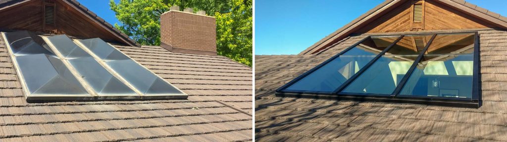 A before and after image of a skylight cluster replaced with a MAGS Bar skylight..