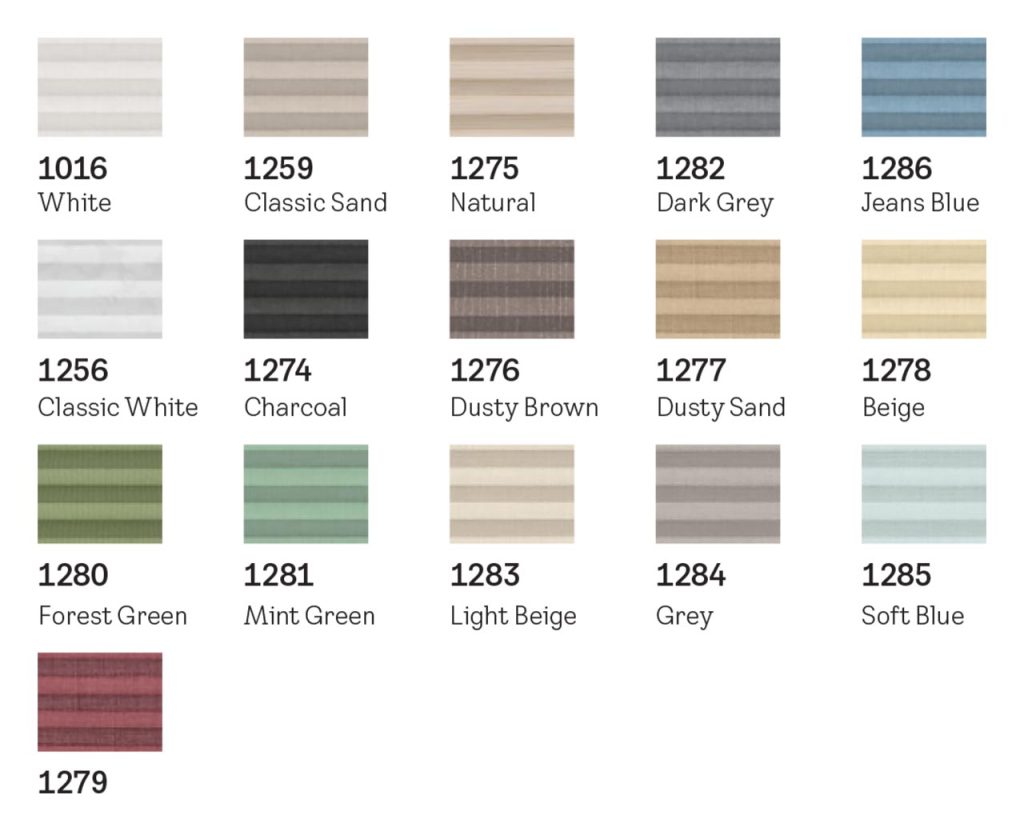 Color swatches of Velux light filtering shades.