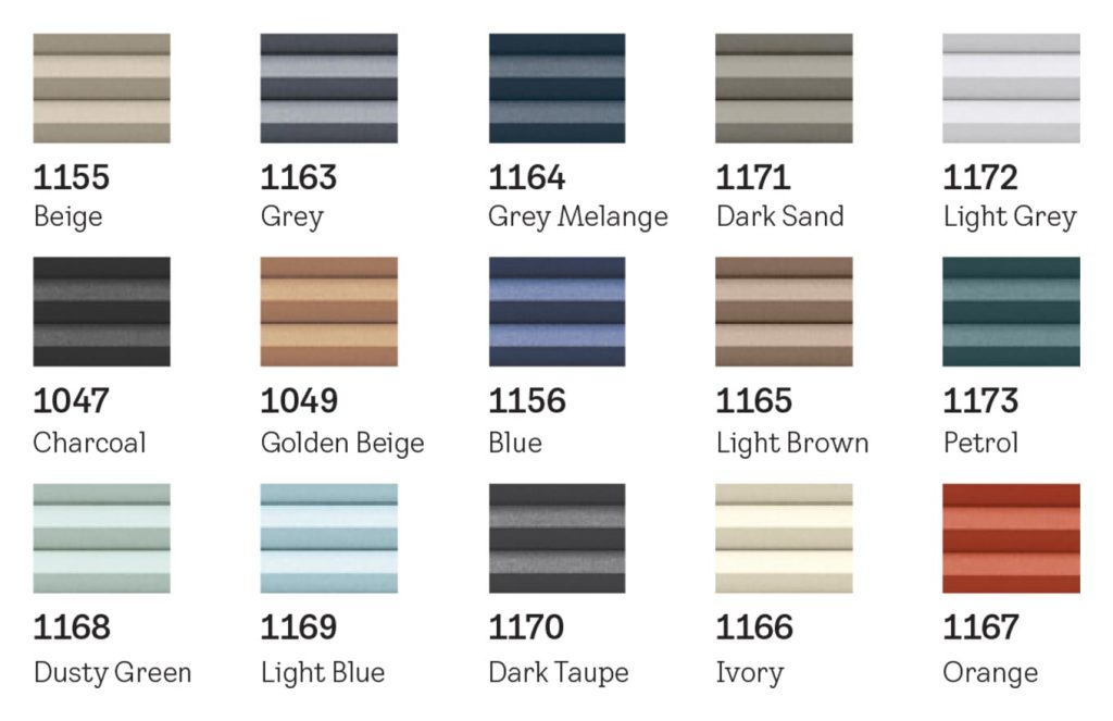 Color swatches of Velux room darkening shades.