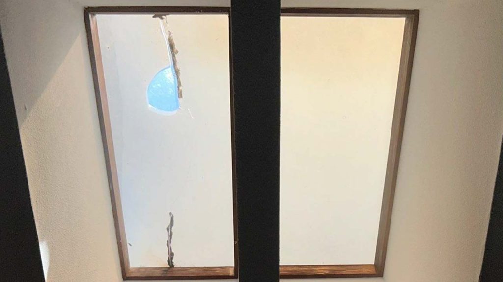An interior view of the problem skylight on the roof.