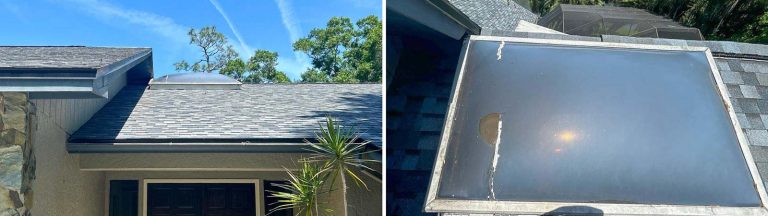 Two views of the problem skylight on the roof.
