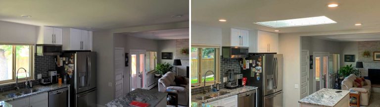 Before and after images of a kitchen renovation, emphasizing the addition of a skylight for improved lighting.