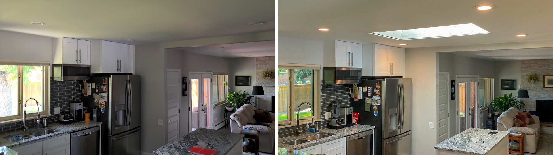 Before and after images of a kitchen renovation, emphasizing the addition of a skylight for improved lighting.