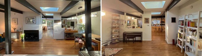 Two photos showcasing a modern home's transformation using skylights, highlighting design and aesthetic improvements.