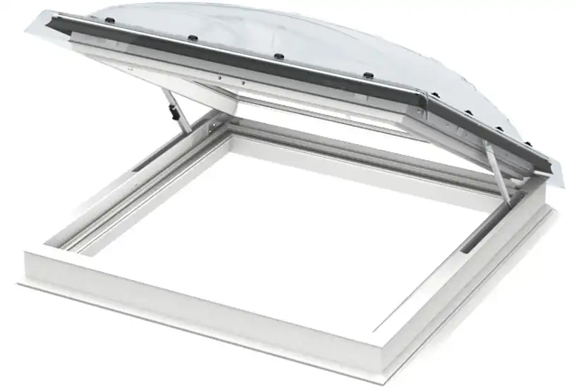 Velux roof access dome skylight, white in color, opened for emergency egress purposes.