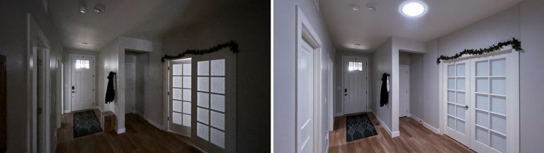 A before and after Sun Tunnel installation images of the entryway.