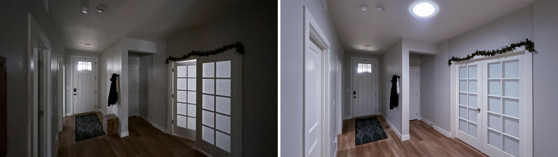 A before and after Sun Tunnel installation images of the entryway.
