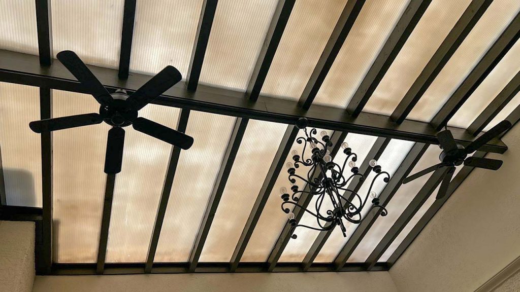 Looking up at the skylight from the room.