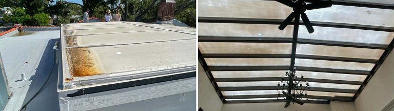 A pair of images, one showing the exterior view of the large skylight on the roof and one showing the view of the skylight from inside the room.