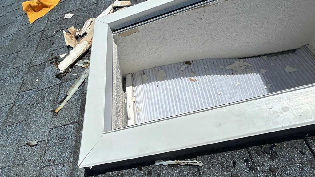 A damaged skylight on a roof, surrounded by debris and wooden splinters, with a crumpled yellow cloth nearby. The scene conveys a sense of disrepair.