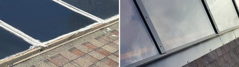Before and after comparison of an American Skylights custom ridge-mount skylight replacement project on a Florida home.