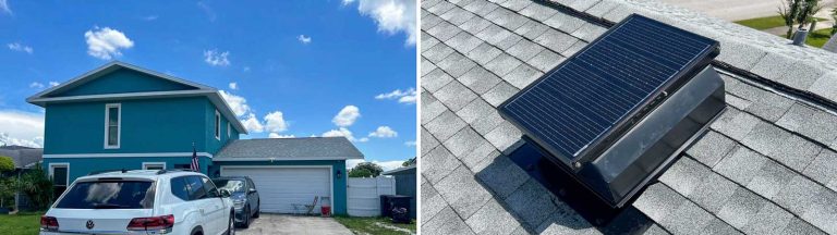 Split-screen banner featuring a turquoise two-story home next to an Attic Breeze solar attic vent model SFA on an asphalt shingle roof